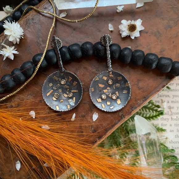 Artisan Diamond Jewelry - Designer Artisan 18k Gold Diamond Oxidized Sterling Silver Disc Dangle Earrings